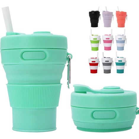 Gobelet Pliable Silicone 450ml,Couvercle Étanche, Poignée Anti-Brûlure&Mousqueton - Plie à 6cm,Lavable Lave-Vaisselle - Randonnée,Camping,Sport (1/5)