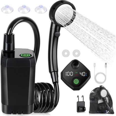 Douche de camping portable - Pompe de douche rechargeable 6000 mAh - avec écran LED intelligent - 4 jets - Kit de douche étanche IPX7 pour l'extérieur - Idéale pour la randonnée, les voyages, la voitu (1/5)
