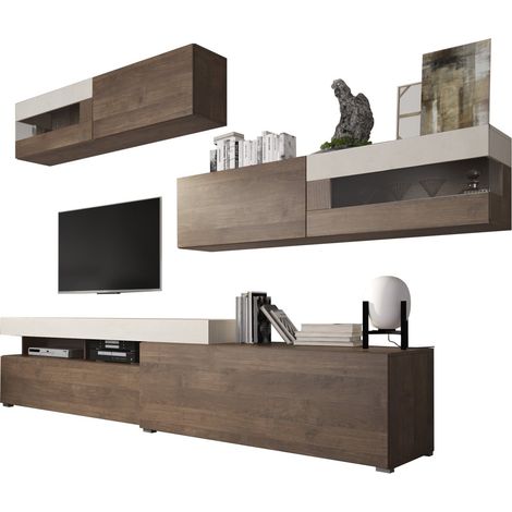 Parete Attrezzata Giacosa, Mobile Soggiorno Modulabile, 6 Ante, Apertura Battente, a Ribalta, Marrone Noce