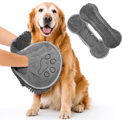 Serviette pour chien en microfibre premium – Séchage rapide et ultra-absorbante – Avec poches pour les mains – Pour chiens de toutes tailles – 65 x 25 cm – Grise