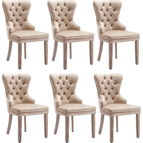 6 chaises velours beige cloutées - Salle à manger/cuisine - Dossier design avec heurtoir, pieds bois massif - Rembourrées (1/5)