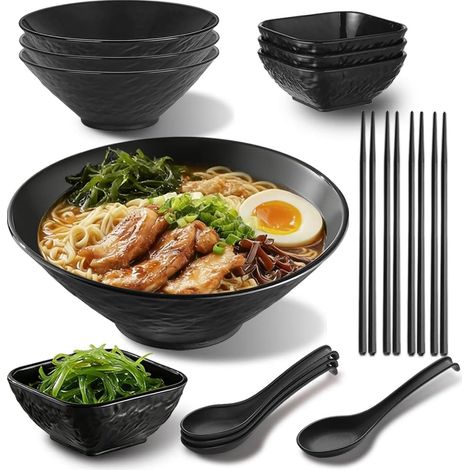 Set de Bol Ramen 4 x 1200ml avec Bols à Sauce, Baguettes et Cuillères, Bols en Plastique Incassables de Style Japonais pour Soupe de Nouilles Asiatiques, Pho, Thai Miso, Udon, Wonton (1/5)