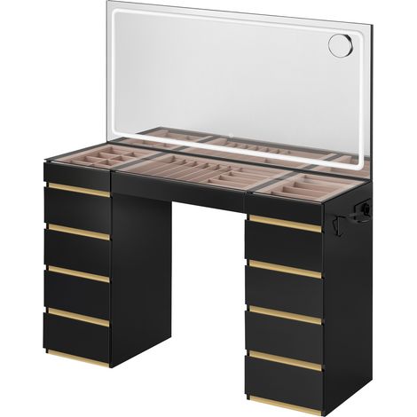 WOLTU Schminktisch mit Beleuchtung, Frisiertisch mit Glasplatte und Spiegel, Kosmetiktisch mit 11 Schubladen Schmuckfächern, Steckdose Haartrocknerhalter, für Schlafzimmer, Schwarz+Gold (1/5)