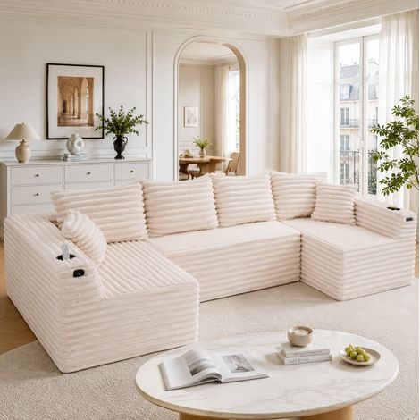 Divano modulare a U 320x155x88 cm beige in corduroy con portabicchieri e tasche laterali (1/5)