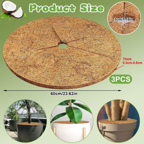 60 cm Kokosnussmulchscheibe, 3 Stück, sichere Kokosfasermulchmatte, umweltfreundlich, atmungsaktiver Pflanzenschutz für Topfpflanzen und Gartenrasen (1/4)