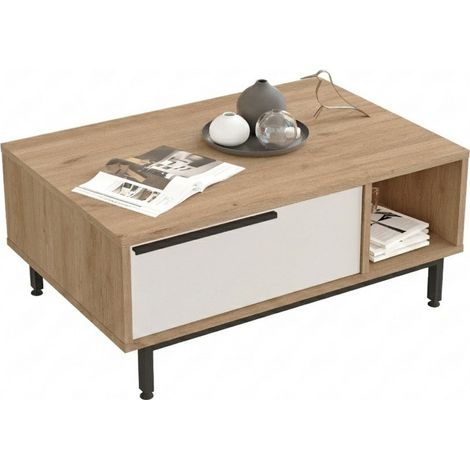 Table Basse 1 Abattant 2 Niches Chêne et Blanc Pieds Métal L 90 H 37.6 P 60 cm (1/5)