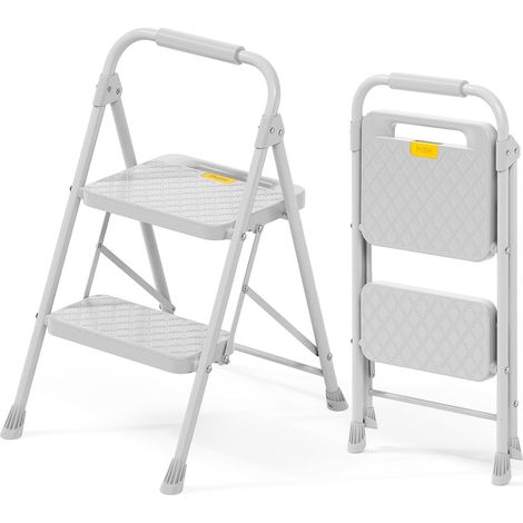 Escabeau à 2 marches Pliable en Acier Gris Clair, Rampe, verrou sécurité, Charge 150 KG, léger pour Maison Cuisine Garage Bureau (1/5)