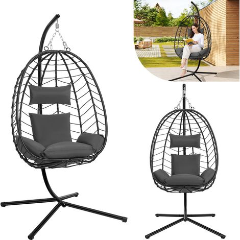 Fauteuil suspendu en forme d'œuf avec support, hamac-balancelle avec coussin, fauteuil à bascule, idéal pour les porches et les terrasses (gris)