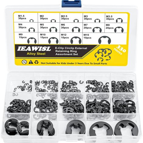 Circlips E-clips, Anneau de Retenue Assortiment, Tailles - M1.5 M2 M2.5 M3 M3.5 M4 M5 M6 M7 M8 M9 M10 M12 M15 E-Clips Anneaux de retenue pour Fixer Poulies à Engrenages de Roulement (1/5)
