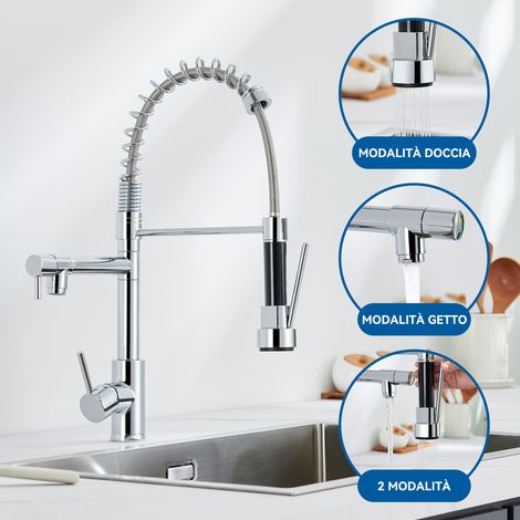 Auralum Rubinetto da cucina con 2 beccucci e 3 modalità di uscita dell'acqua, Girevole a 360 Rubinetto cucina per lavello, Miscelatore da cucina a due maniglie, Cromo (1/5)