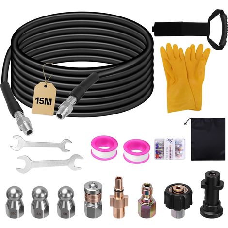 15M Tuyau Nettoyeur Haute Pression, Tuyau de Nettoyage de Canalisation, Tuyau de Rechange Haute Pression Compatible avec Karcher K2-K7, Inclut Adaptateurs, Buses, Sac et Ruban PTFE, 400 Bar 140°F