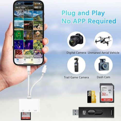 Lecteur Carte Sd - 3 En 1 Lightning Usb-C Usb-A - Pour Transfert Photo Vidéo - Compatible Ios Android Windows - Jusqu'à 256 Go - 1 Pièce (1/5)