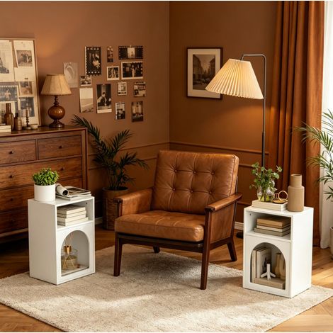 Set de 2 mesitas de noche blancas con 2 compartimentos abiertos, en MDF, diseño curvo moderno para dormitorio, lectura y espacios pequeños – CHICFURN (1/5)