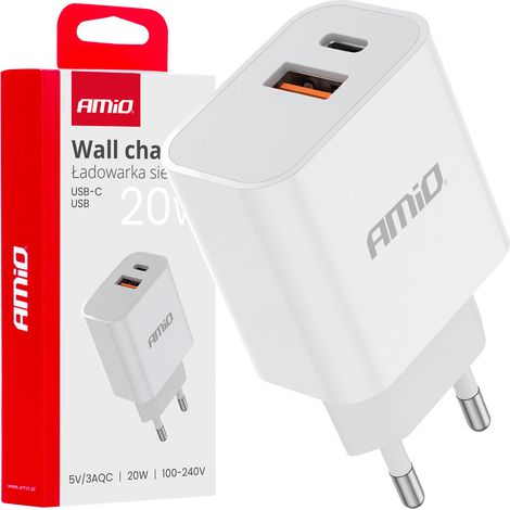 PRO-09 USB + USB-C 20W Schnelllade-Ladegerät 230V amio-02935 (1/4)