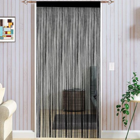 Rideau Fils 100x200 cm, Rideau Franges, Rideau de Porte fenêtre, Rideau 200 cm Hauteur, Noir (1/5)