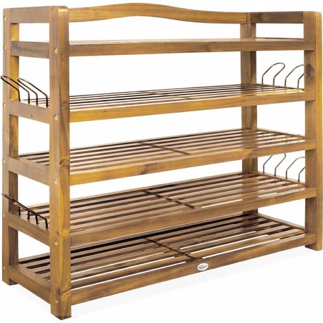 CASARIA® Schuhregal FSC®-Zertifiziert Akazien Holz Massiv Bad Diele Flur Bad Schuhschrank Schuhaufbewahrung Schuhständer Braun 5 Regalböden extrabreit (1/5)