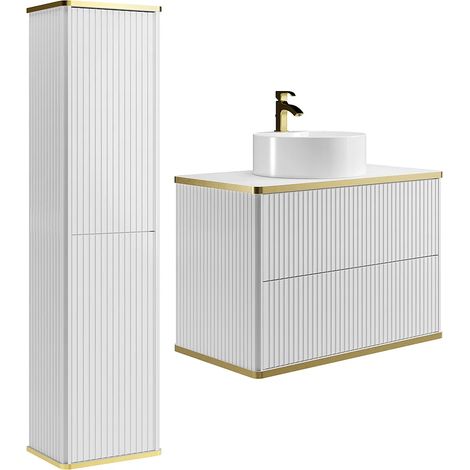 Mobile bagno sospeso con scanalature con lavabo d'appoggio tondo e colonna - Bianco - 80 cm - KELIZA (1/5)