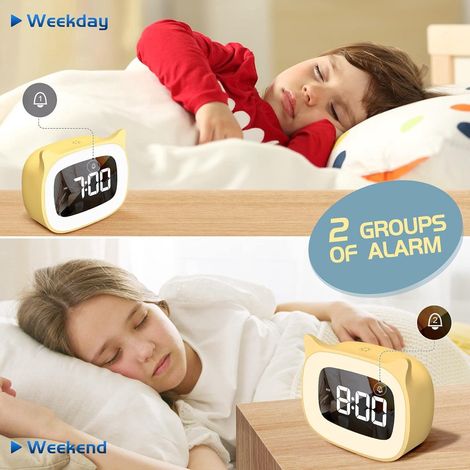 Kinderwecker mit Nachtlicht und 18 Klingeltönen – Wiederaufladbarer Wecker in Form von Katzenohren, ideal als Geburtstagsgeschenk für Mädchen und Jungen – Digitaler Wecker fürs Kinderzimmer