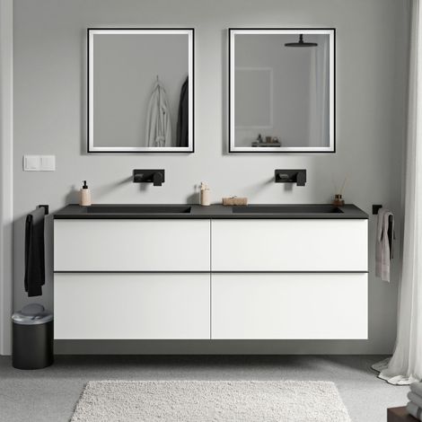 Waschtischunterschrank Bernstein LAVOA 160cm mit Mineralguss Waschbecken BRUXELLES Badmöbel: Weiß matt, Waschbecken: Schwarz matt ohne Hahnloch, Metallgriff: Chrom
