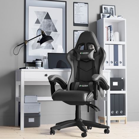 Fauteuil de Bureau - BIGZZIA Chaise Gaming - Siège de Bureau Réglable Gaming Racing - avec coussin et dossier inclinable - Noir et Gris (1/5)