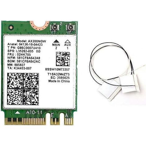 Carte WiFi 6 AX200NGW + antenne intégrée 2,4 GHz/5 GHz Bluetooth 5.2, adaptateur WiFi 2974 Mbps pour Windows 10/11 (1/4)