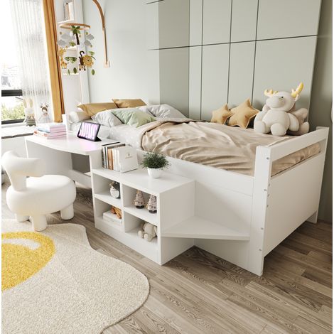 Cama individual 90x200 cm de madera blanca con USB y escritorio infantil, sin colchón -FLORAGRACE (1/5)