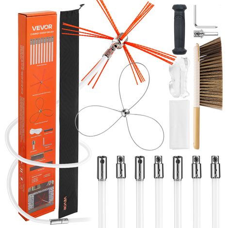 VEVOR Kit de Ramonage de Cheminee Extensible a 7 m, Kit de Nettoyage avec 2 Tetes de Brosse pour Cheminee Carree, Rectangulaire et en Arche, Cannes Flexibles en Nylon, Brosse et Lunettes de Protection (1/5)