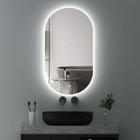 Badspiegel mit Beleuchtung 50 x 90 cm Oval Spiegel mit Beleuchtung, 3 Lichtfarben Dimmbar, Touch-Schalter, Badezimmerspiegel LED Wandspiegel