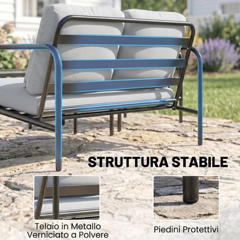 Canapé 2 places + 2 fauteuils + table basse en acier gris clair, coussins inclus, set de jardin 4 pièces. (1/5)