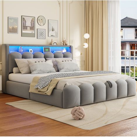 Letto matrimoniale imbottito moderno in velluto grigio 180x200 cm con testiera contenitore, vano idraulico, USB-C e LED (1/5)