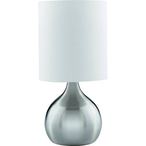 Searchlight Touch - 1 lampe tactile de table lumineuse argent satiné avec abat-jour en tissu, E14