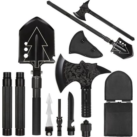 Kit Pelle & Hache Camping Pliable - Outil Multifonction Portatif de Survie avec Sac Ceinture Tactique, Hachette Militaire et Pelle de Terrassement pour Randonnée, Urgence Auto (Noir)