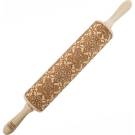 Mattarello in legno MoodForWood, inciso, 43 cm con manici, perfetto per la cottura al forno - Motivo pizzo (1/5)
