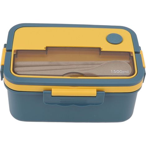 Boîte à lunch de 1500 ml en plastique résistant à la chaleur, type bento, avec baguettes et cuillère, idéale pour les étudiants (bleu). (1/5)