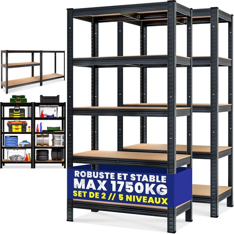 Lot de 2 étagères charge lourde 5 niveaux noires 180x90x40cm, structure métal thermolaqué, plateaux MDF, charge totale 875kg, hauteur modulable, rayonnage garage atelier (1/4)