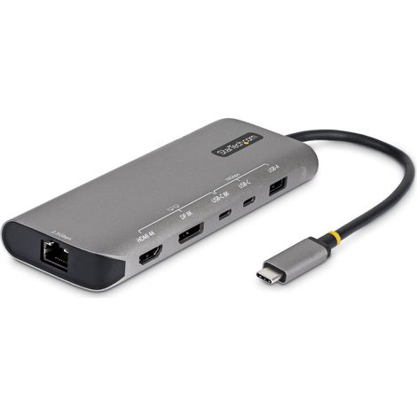 Adaptador multipuerto USB4 de StarTech, mini base de conexión 7 en 1, doble salida 4K a 144 Hz, PD de 140 W y 2,5 GbE, color gri