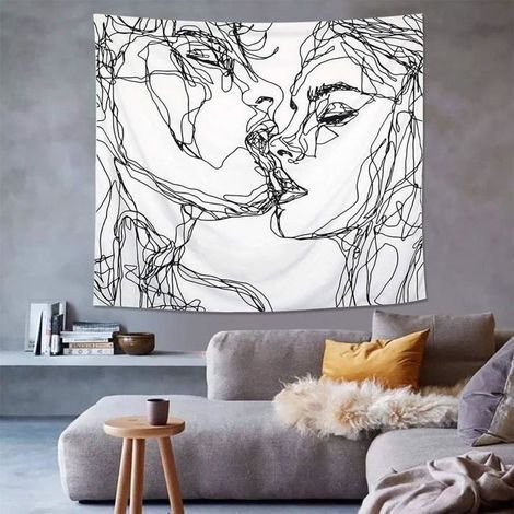Tapisserie de crâne Tapisserie murale à suspendre Les amoureux qui s'embrassent Tapis de squelette humain noir et blanc avec rose (1/3)