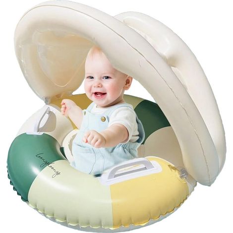 Bouée pour enfants - Bouée - Jouet de piscine - Bouée avec pare-soleil - Bouée gonflable - Bateau pour bébé - Bouée en PVC - 50 x 54 cm - Rayures vertes - PVC (1/5)
