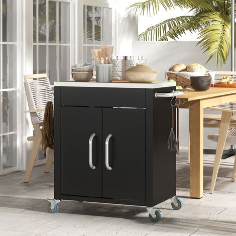 Carrello da cucina con ruote, armadietto, ganci e piano inox, nero 86 x 50 x 86,5 cm (1/5)