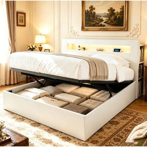 letto contenitore 180x200 LED prese testiera bianco HAVRYA (1/5)