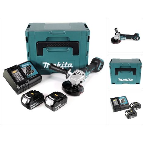 Amoladora angular sin cable Makita DGA 517 RTJ 18 V 125 mm sin escobillas + 2x batería recargable 5,0 Ah + cargador + Makpac