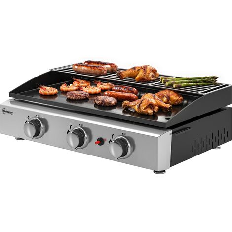 3-flammiger Gasgrill aus Edelstahl mit emaillierter Grillplatte und Warmhalterost, 7,5 kW, 62 x 44 x 21 cm, schwarz