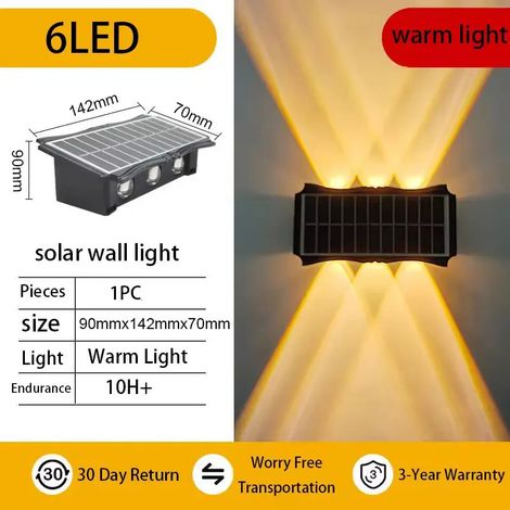 (1 lampe solaire murale extérieure à lumière chaude, 6 LED, étanche, éclairage vers le haut et vers le bas, pour balcon, cour ou jardin). Décoration murale extérieure. (1/5)