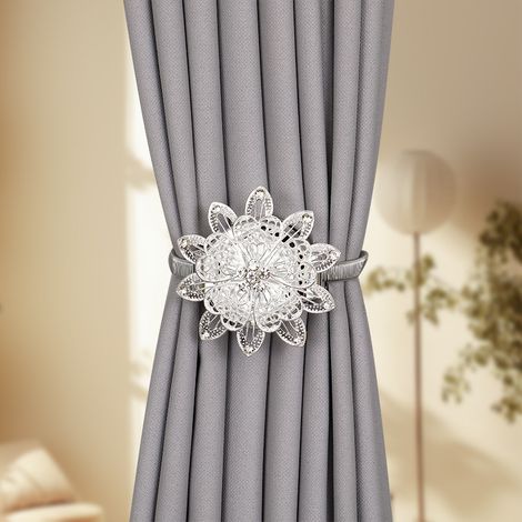 Lot de 2 Embrasses Rideau Aimantées Fleur Cristal Argent Style Européen – Attaches Magnétiques Zinc Alliage Sans Perçage, Boucles Déco Lotus Strass Salon Chambre Voilage (1/5)