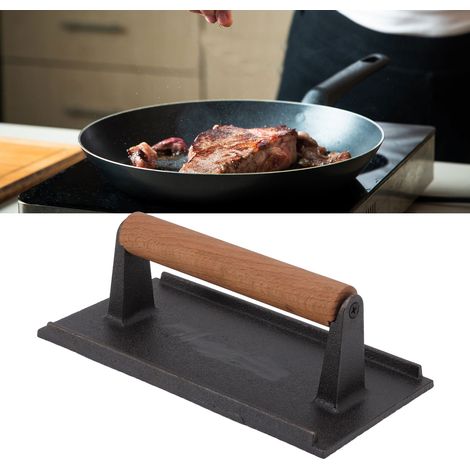 Presse à viande rectangulaire pour teppanyaki avec manche en bois, presse à viande en fonte, pour griller les calamars, faire sauter les steaks, outil de barbecue, presse à viande rectangulaire 1323CM (1/5)