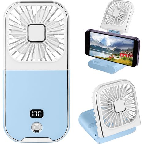 Mini ventilateur portable pliable avec écran LED, rechargeable par USB, alimenté par piles, ventilateur de bureau pliable à 180° pour bureau, maison, voyage, camping (bleu) (1/5)