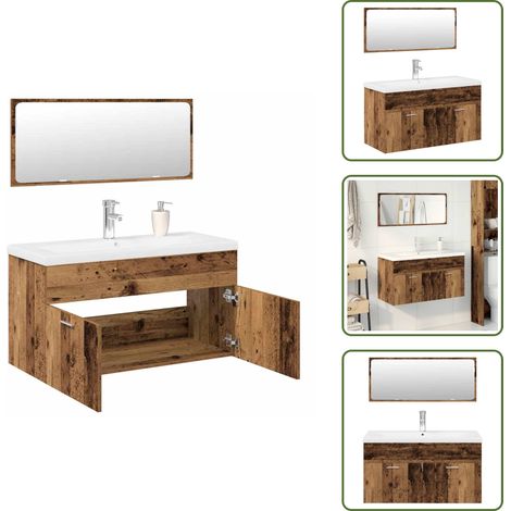 Lavabo empotrado - vidaXL Juego de muebles de baño 3 piezas madera ingeniería envejecida - Espejo de baño