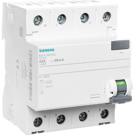 Interruttore differenziale 4P 63A 0,03A tipo AC polo N-sinistra 30mA 400V sentron 5SV4346-0KL