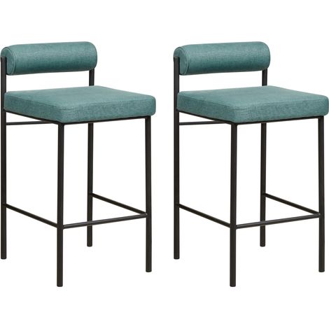 Conjunto de 2 sillas de bar modernas taburetes respaldo tapizado poliéster sin reposabrazos patas negras verde azulado Amaya