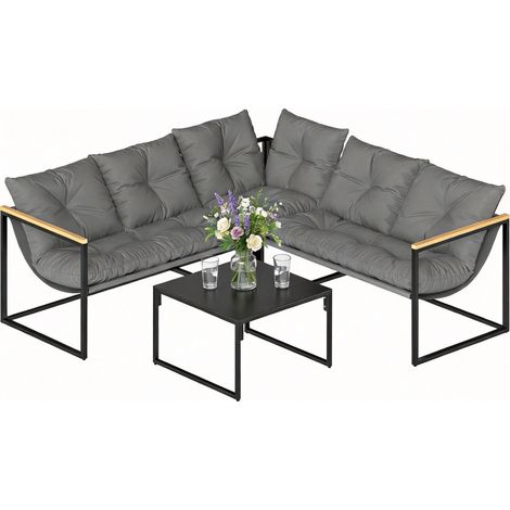 Outsunny conjunto de muebles jardín exterior de 4 piezas, sofá exterior con cojines gruesos, 2 sofás de 2 plazas, sofá de esquina y mesa centro